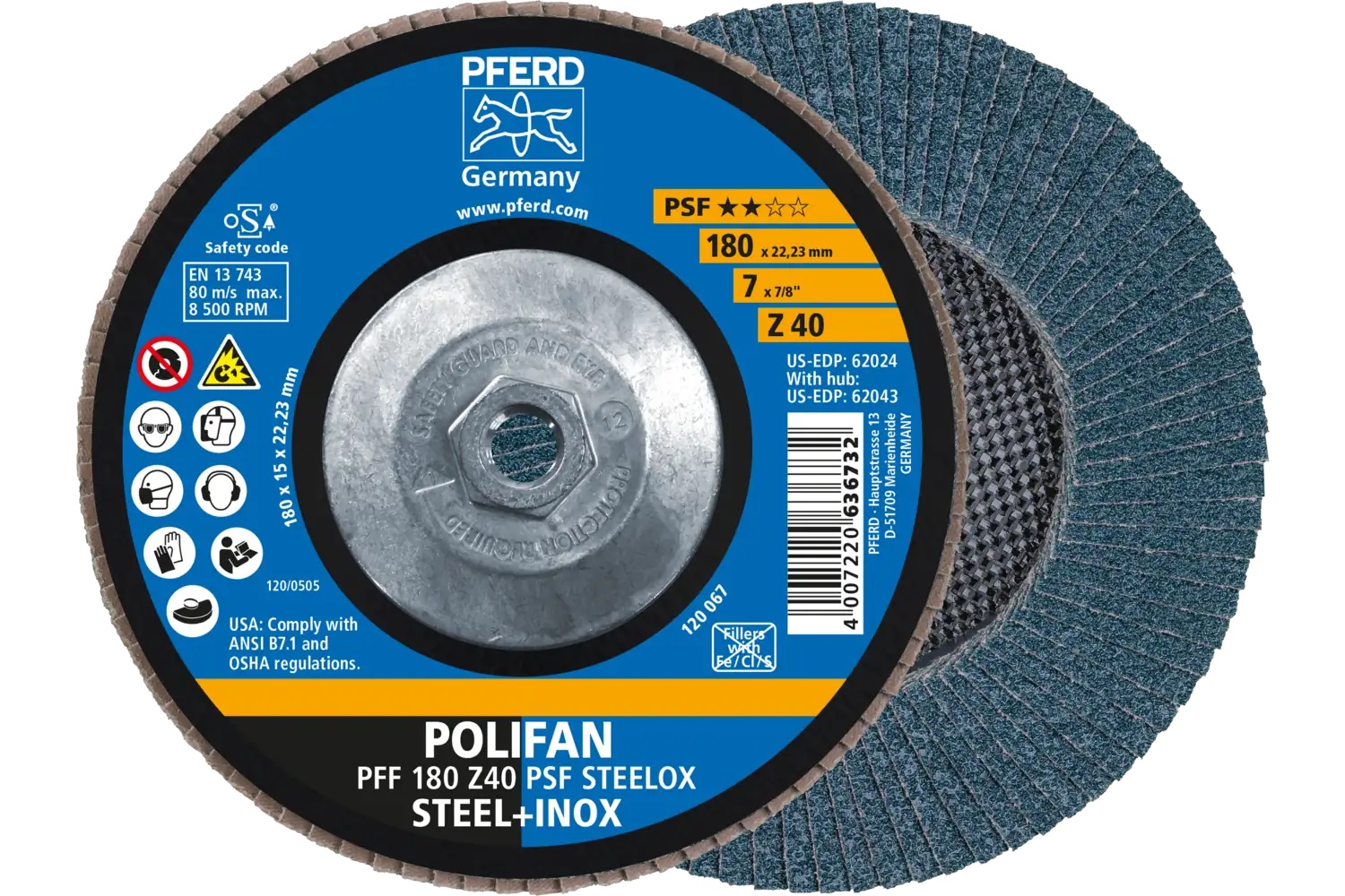 Picture of Pferd Flap Disc, 7" x 5/8-11, Z PSF Steelox, 40 Grit, T27, Flat, Zirconia